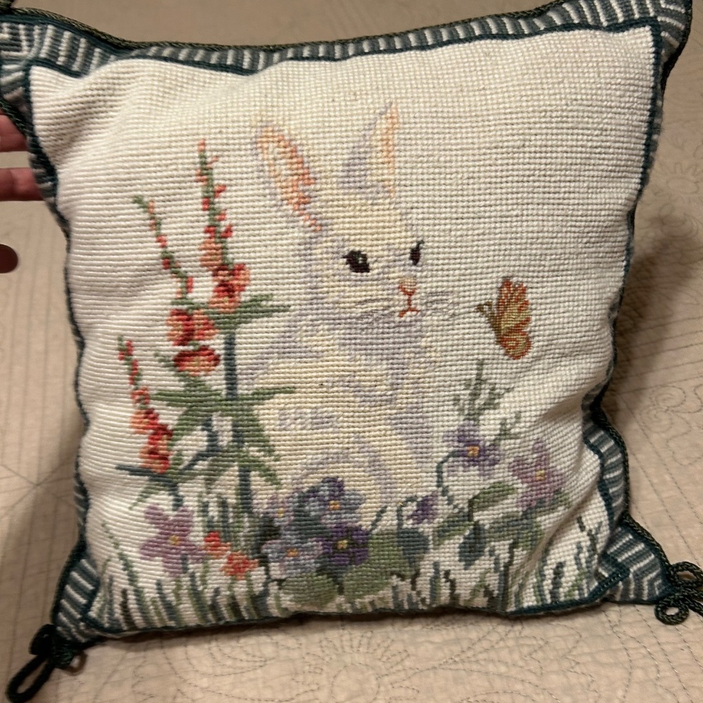 Needlepoint Rabbit Pillow with Velvet Backing - Picture 2 of 5